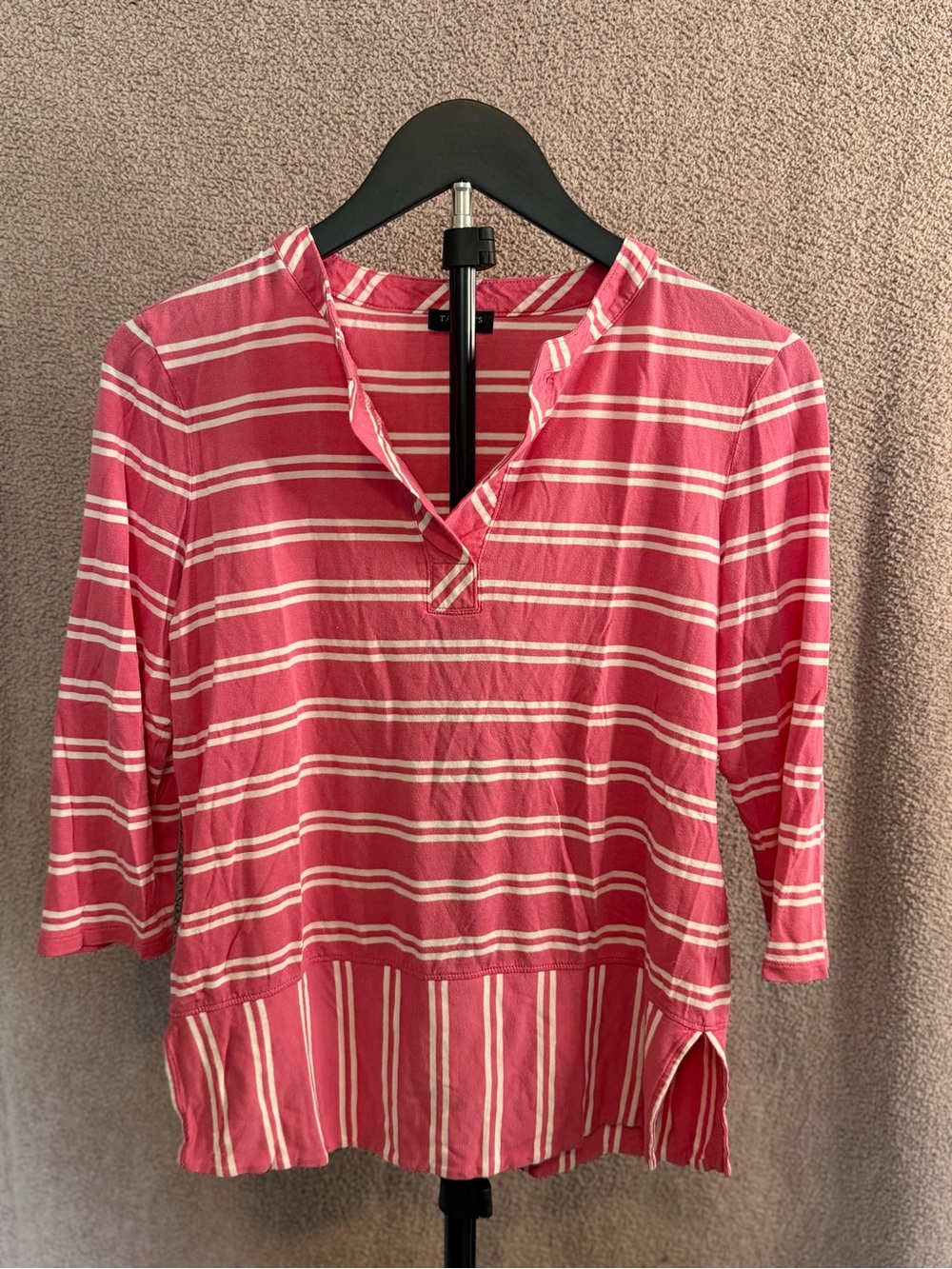 Talbots Petites Pink White Striped Split Neck Tunic Top Size SP